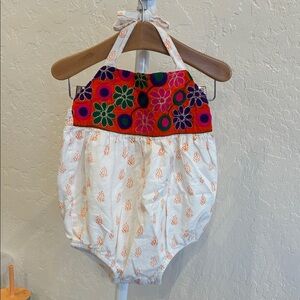Embroidered Floral Halter Baby One-Piece Romper - White & Red